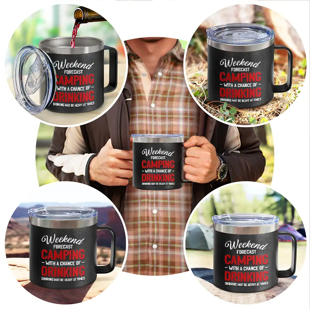Weekend Forecast Camping - Personalized 14oz Stainless Steel Tumbler With Handle - Image 5