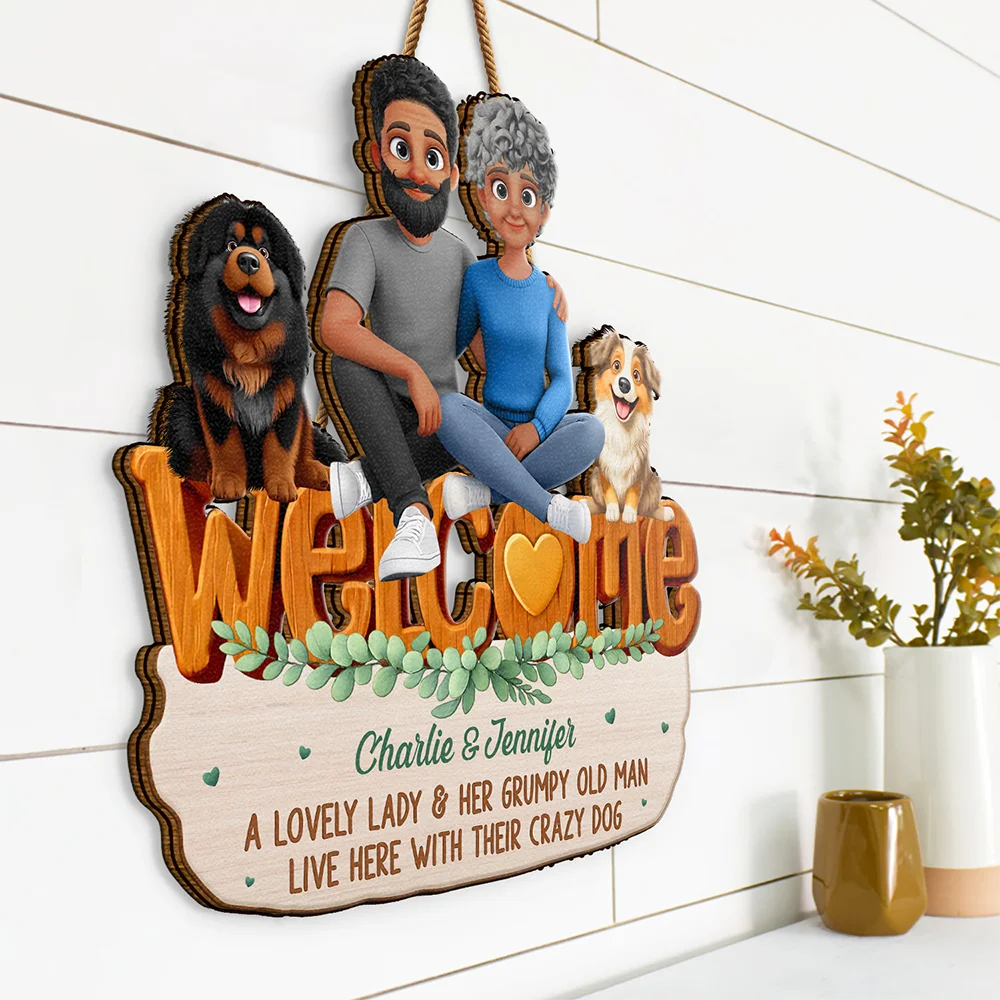 Welcome A Lovely Lady And A Grumpy Old Man Live Here 3D Effect Dog - Personalized Custom Shaped Wood Sign - Image 2