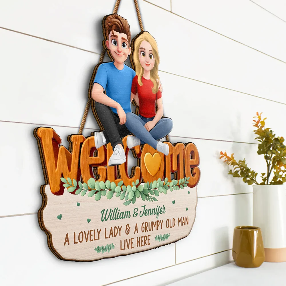 Welcome A Lovely Lady And A Grumpy Old Man Live Here 3D Effect - Personalized Custom Shaped Wood Sign - Image 2