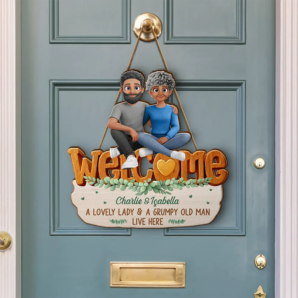 Welcome A Lovely Lady And A Grumpy Old Man Live Here 3D Effect - Personalized Custom Shaped Wood Sign - Image 3