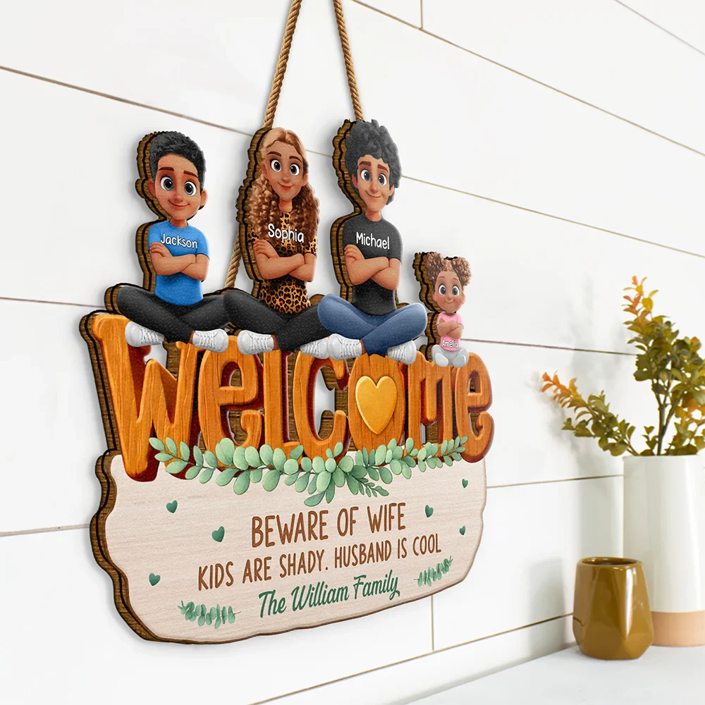 Welcome Beware Of Wife Kids Are Shady Husband Is Cool - Personalized Custom Shaped Wood Sign - Image 2