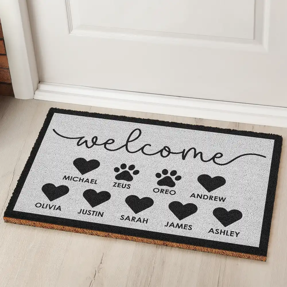 Welcome Family Heart Pawprints - Personalized Coconut Doormat - Image 2