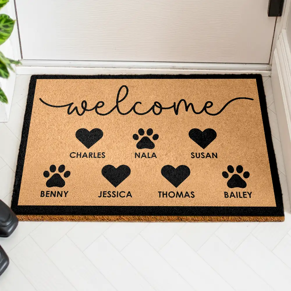 Welcome Family Heart Pawprints - Personalized Coconut Doormat - Image 3