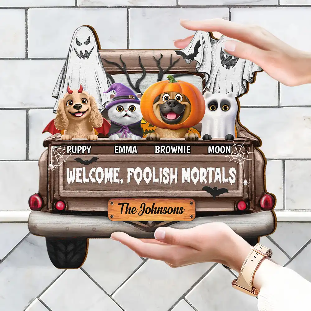 Welcome Foolish Mortals - Personalized Custom Shaped Wood Sign - Image 4