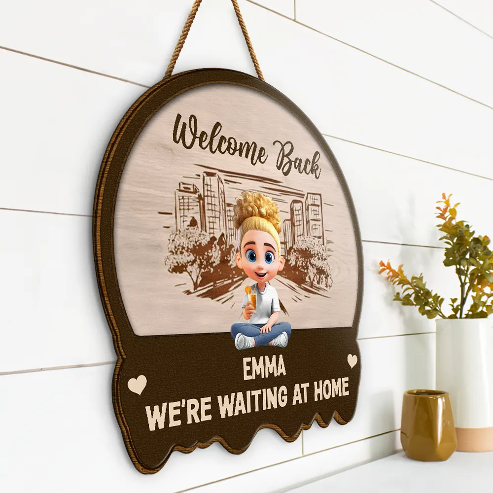 Welcome Home We're Waiting At The Door - Personalized Custom Shaped Wood Sign - Image 2