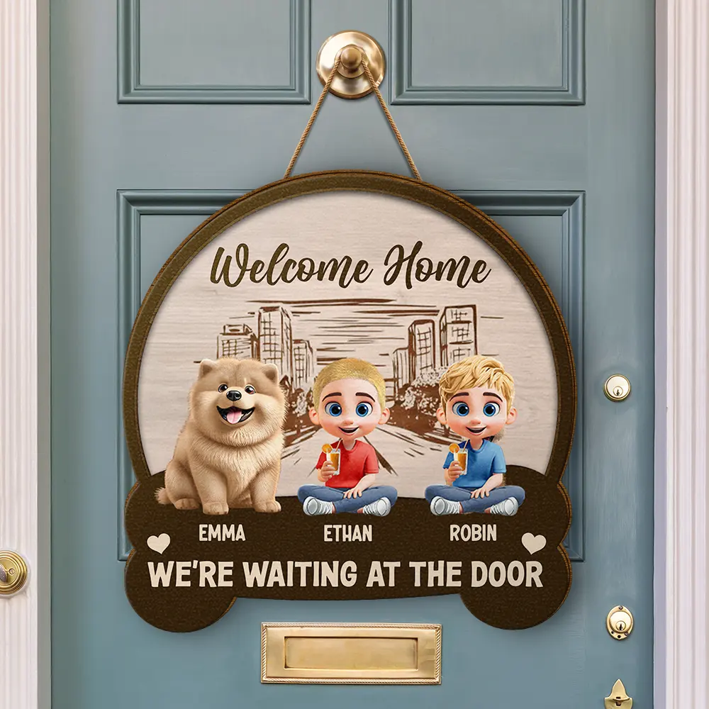 Welcome Home We're Waiting At The Door - Personalized Custom Shaped Wood Sign - Image 3