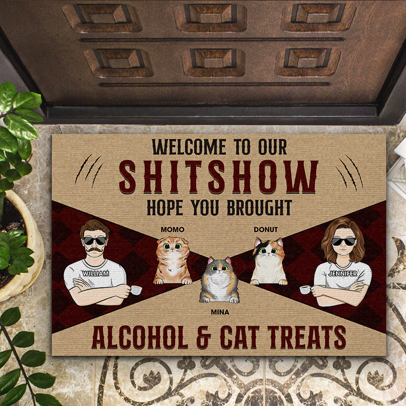 Welcome Hope You Brought Alcohol & Cat Treats - Cat Lover Gift - Personalized Custom Doormat - Image 2