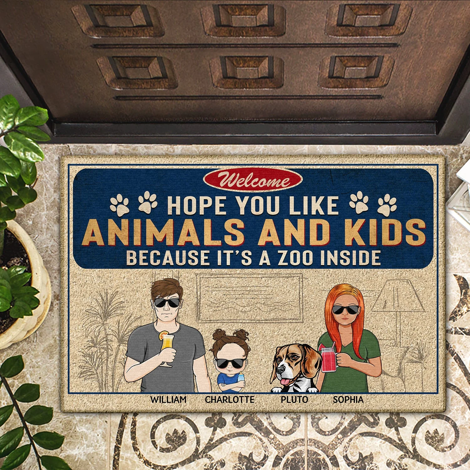 Welcome Hope You Like Animals And Kids Couple Husband Wife - Home Decor, Funny, Anniversary Gift For Family, Dog Lovers, Cat Lovers - Personalized Custom Doormat - Image 2