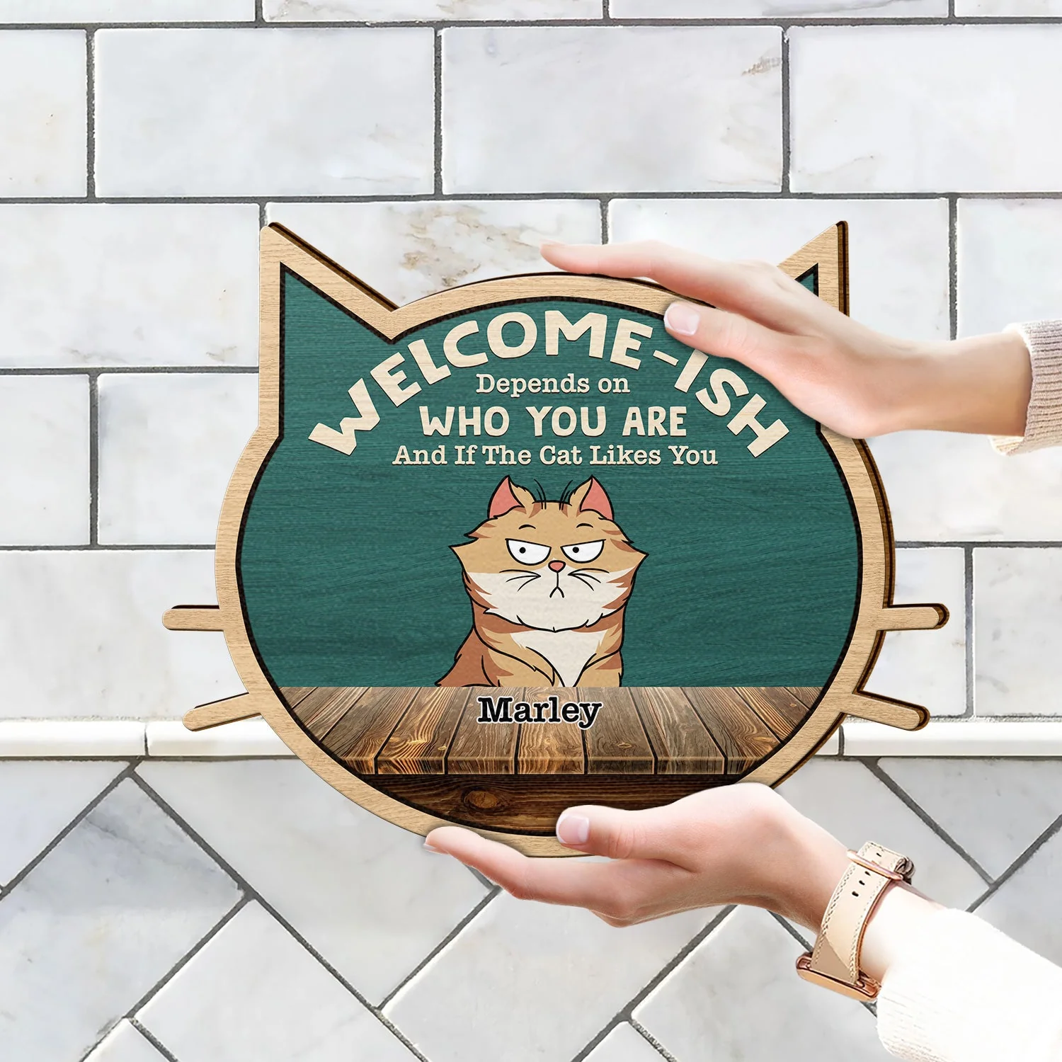 Welcome-ish Depends On Who You Are - Home Decor, Funny Gift For Cat Lovers - Personalized Custom Shaped Wood Sign - Image 4