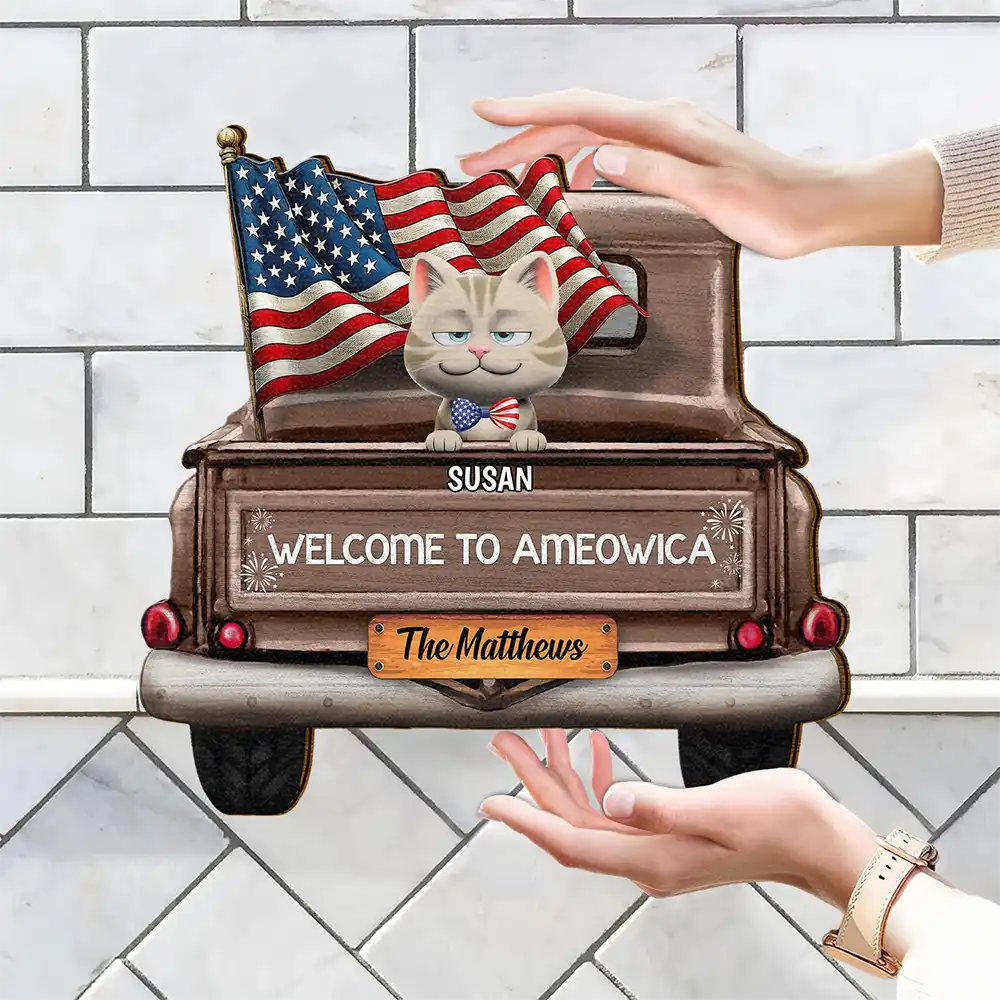 Welcome To Ameowica - Personalized Custom Shaped Wood Sign - Image 4