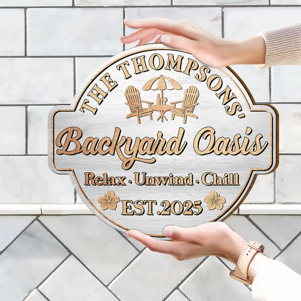 Welcome To Our Backyard Oasis - Personalized Custom Shaped Wood Sign - Image 4