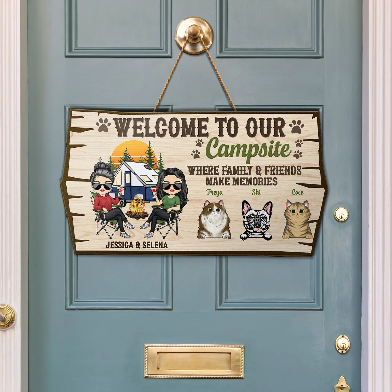 Welcome To Our Campsite Protected By Dogs Cats Pets - Gift For Couples, Campers, Camping Lovers, Travelers - Personalized Custom Shaped Wood Sign - Image 3