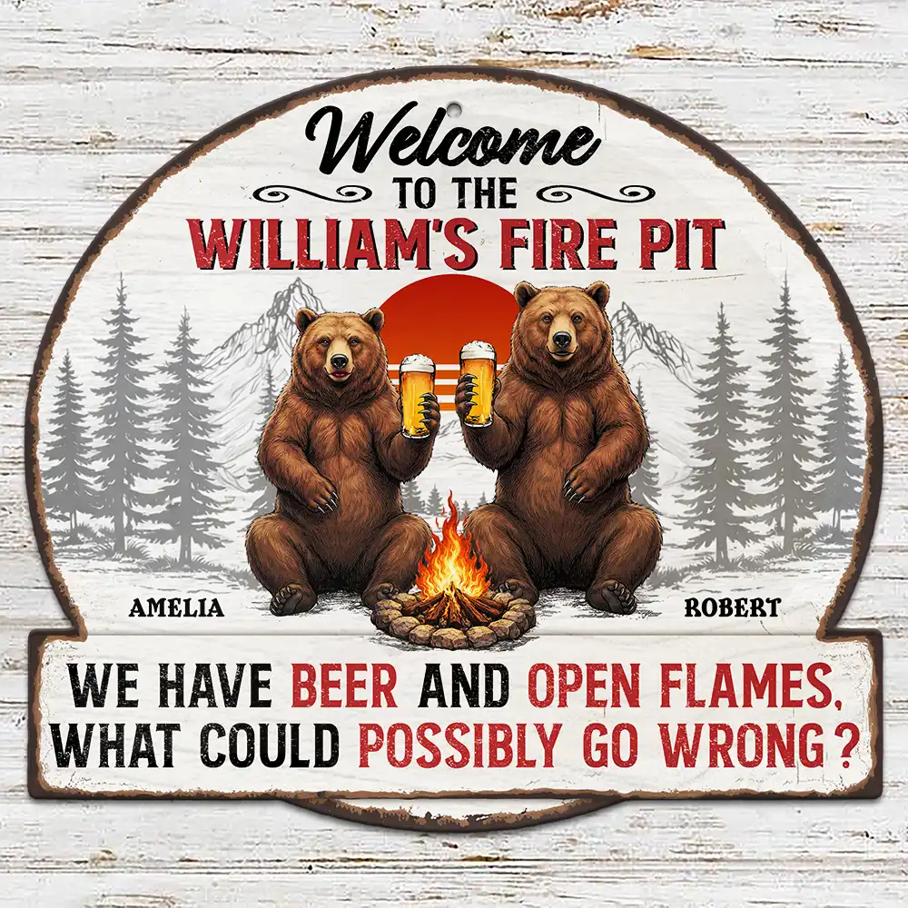 Welcome To Our Fire Pit Bear Couple - Personalized Custom Shaped Metal Sign - Image 2