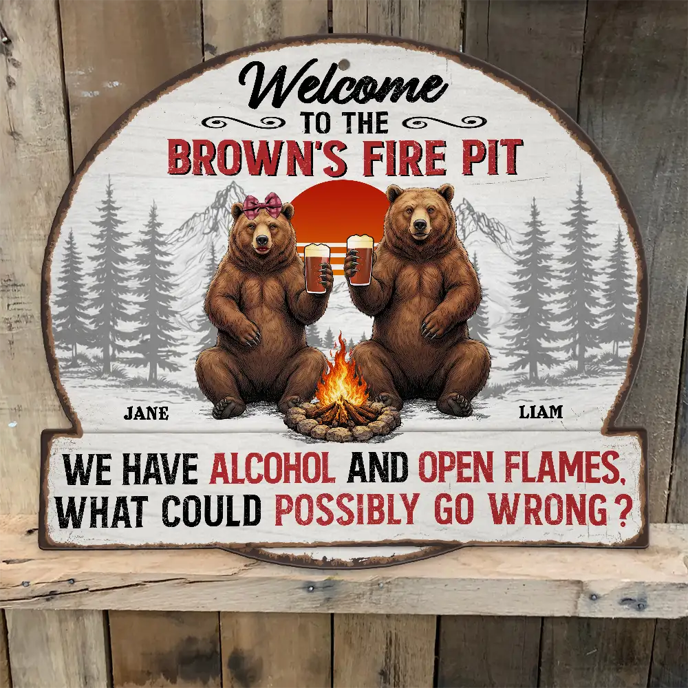 Welcome To Our Fire Pit Bear Couple - Personalized Custom Shaped Metal Sign - Image 5
