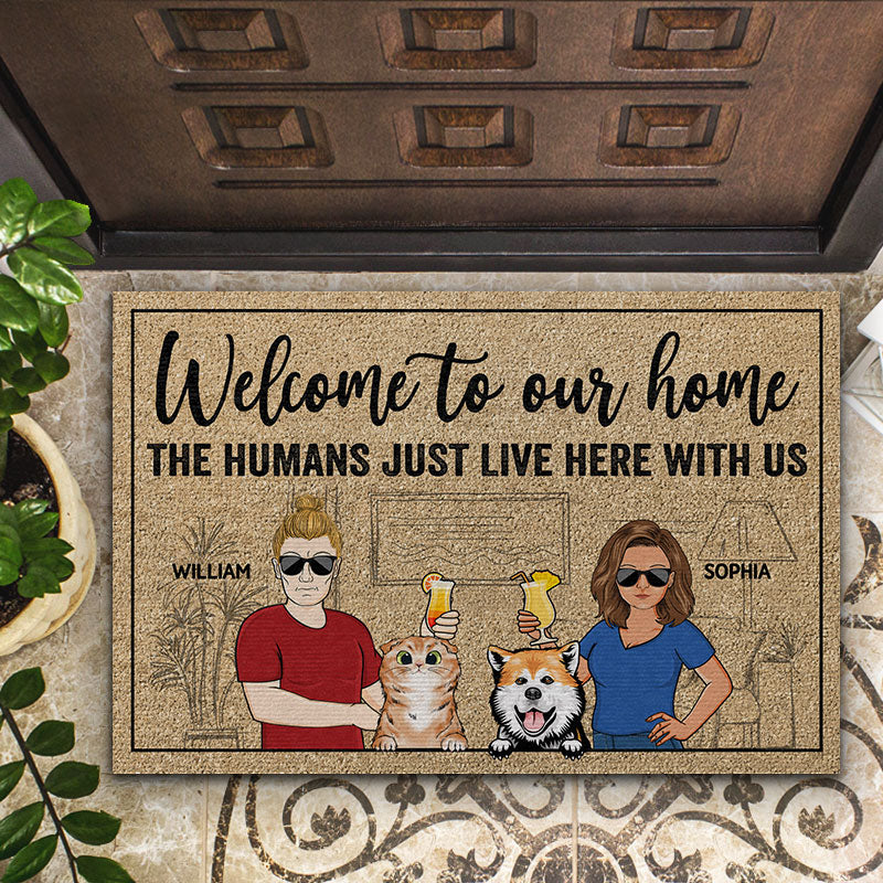 Welcome To Our Home The Humans Just Live Here With Us Couple Husband Wife Family - Gift For Dog Lovers & Cat Lovers - Personalized Custom Doormat - Image 2