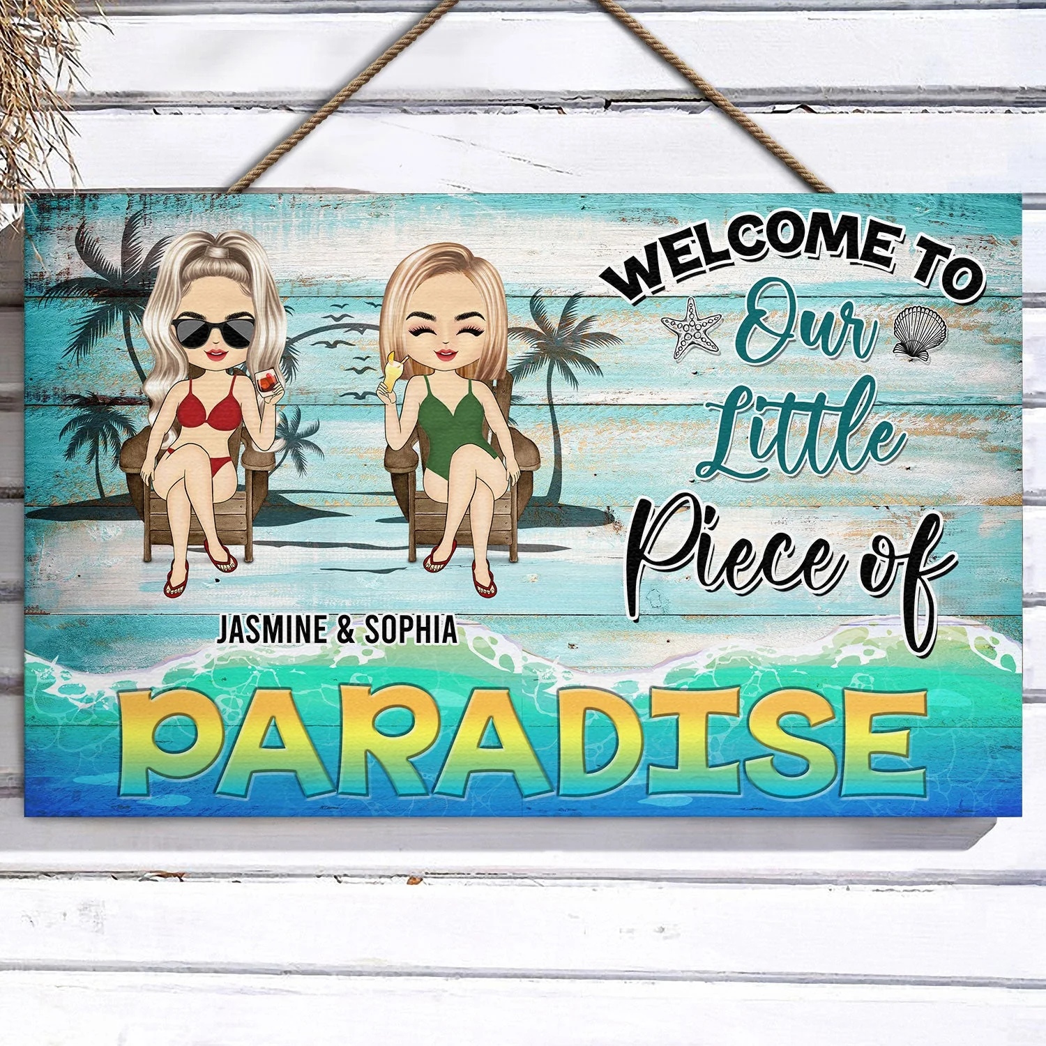 Welcome To Our Little Piece Of Paradise Summer Vibes - Anniversary, Birthday Gift For Spouse, Lover, Husband, Wife, Boyfriend, Girlfriend, Couple, Beach Lovers - Personalized Custom Wood Rectangle Sign - Image 3