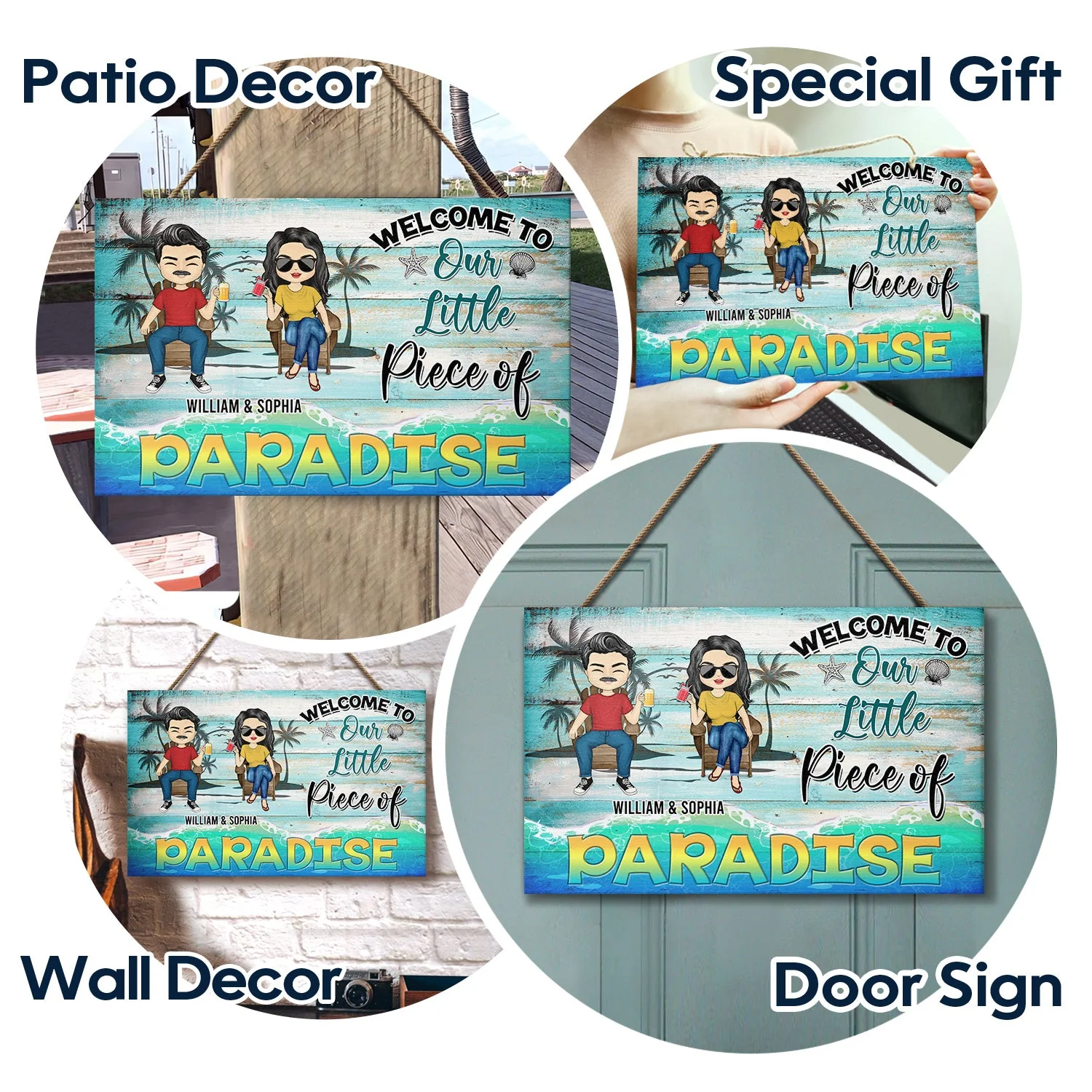 Welcome To Our Little Piece Of Paradise Summer Vibes - Anniversary, Birthday Gift For Spouse, Lover, Husband, Wife, Boyfriend, Girlfriend, Couple, Beach Lovers - Personalized Custom Wood Rectangle Sign - Image 6
