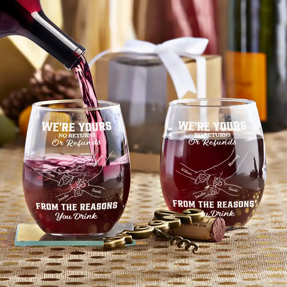 We're Yours No Returns Or Refunds Hands In Hands - Personalized Stemless Wine Glass - Image 3
