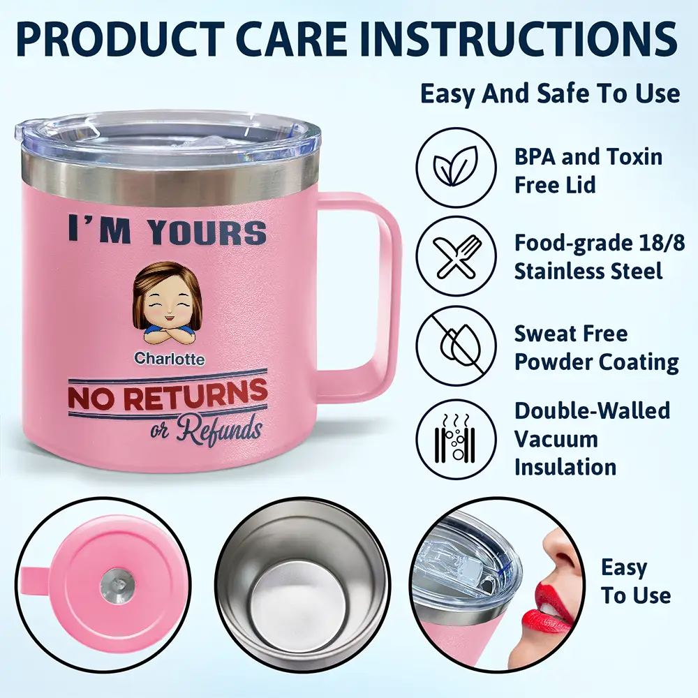 We're Yours No Returns Or Refunds - Personalized 14oz Stainless Steel Tumbler With Handle - Image 6