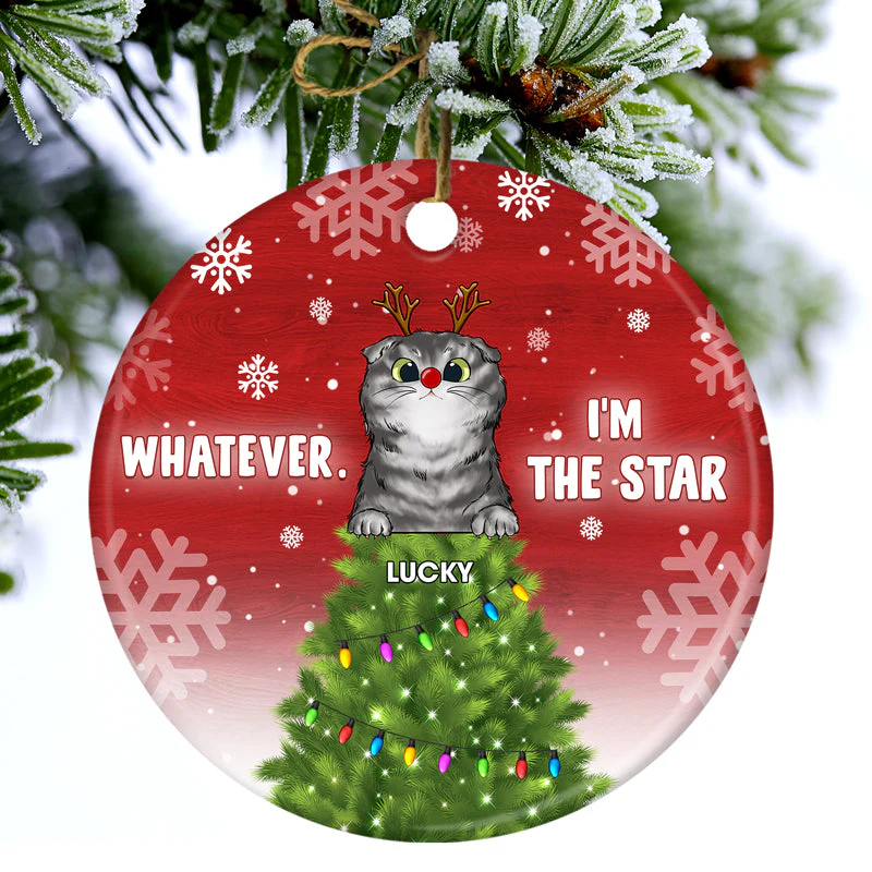 Whatever I'm The Star - Christmas Gift For Cat Lovers - Personalized Custom Circle Ceramic Ornament - Image 2
