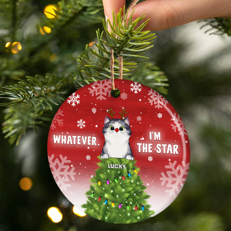 Whatever I'm The Star - Christmas Gift For Cat Lovers - Personalized Custom Circle Ceramic Ornament - Image 3