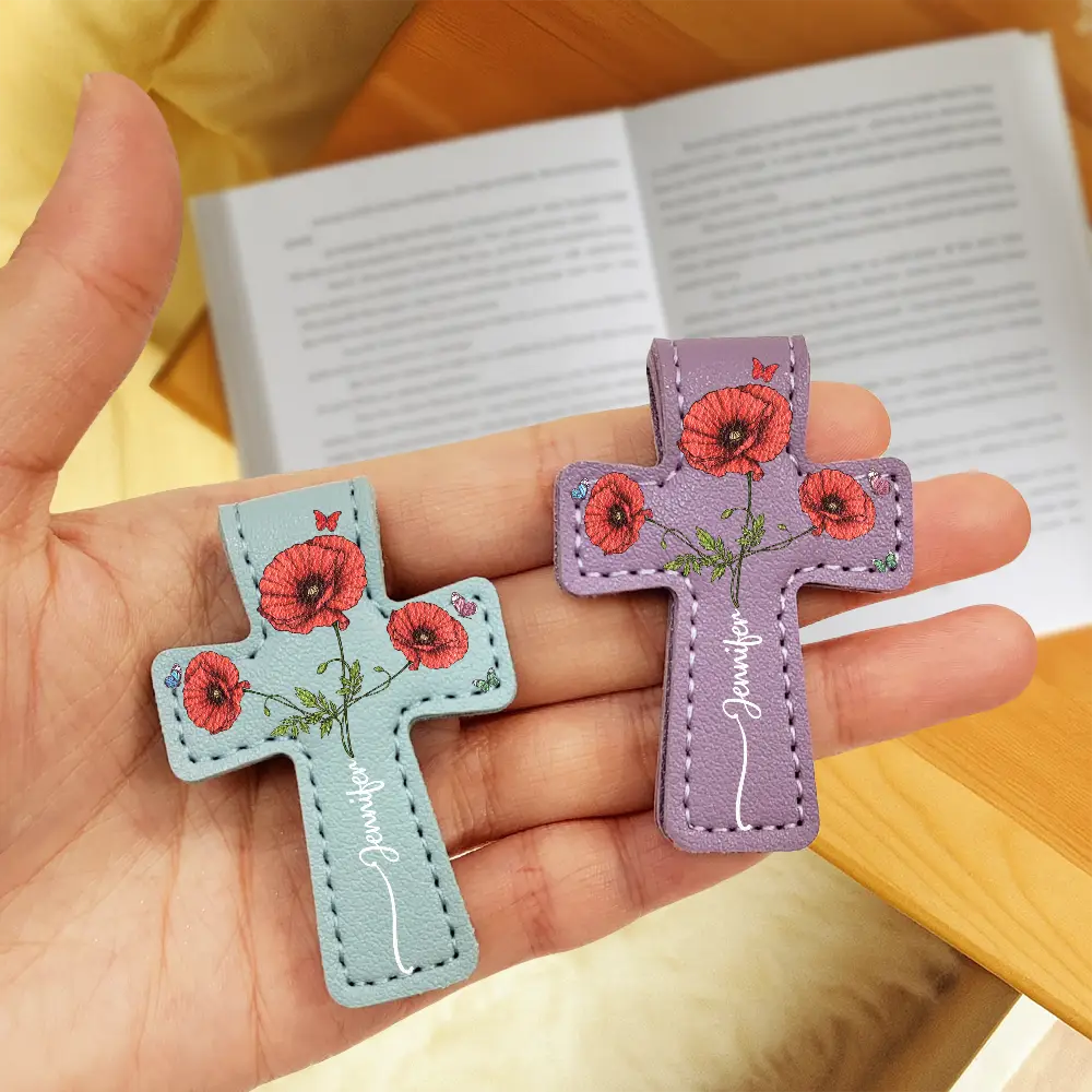 Where Flowers Meet Faith Birth Month Flower With Name - Personalized Cross Leather Magnetic Bookmark - Image 3