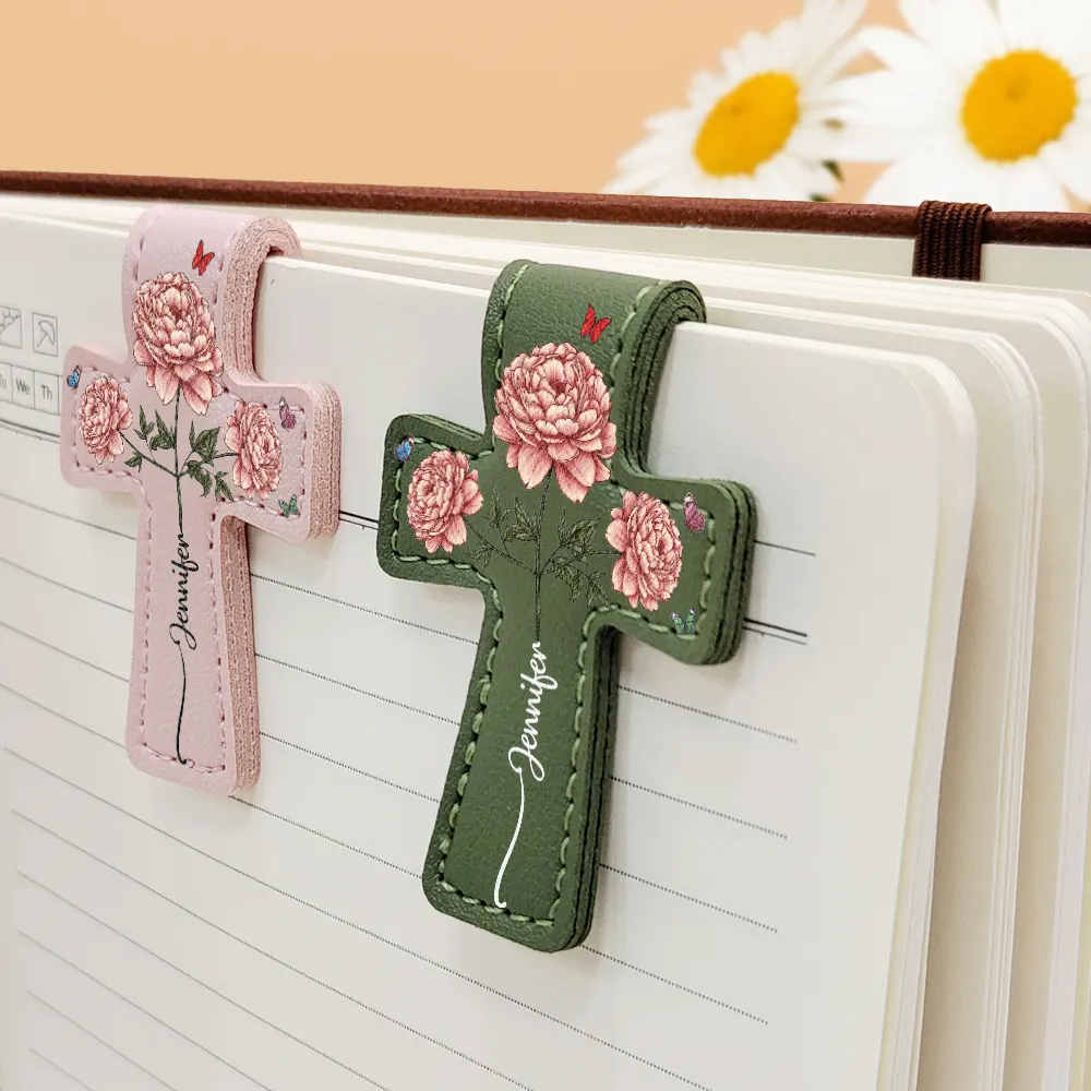 Where Flowers Meet Faith Birth Month Flower With Name - Personalized Cross Leather Magnetic Bookmark - Image 4