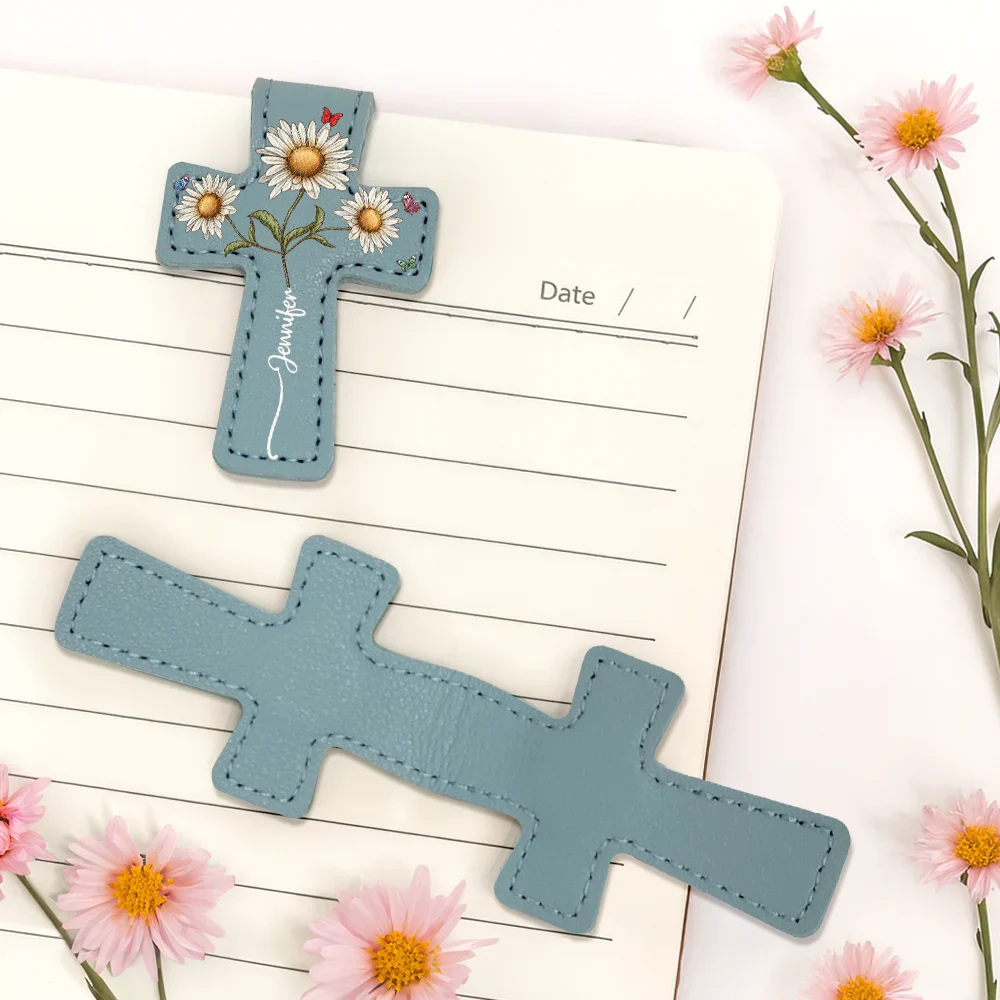 Where Flowers Meet Faith Birth Month Flower With Name - Personalized Cross Leather Magnetic Bookmark - Image 5