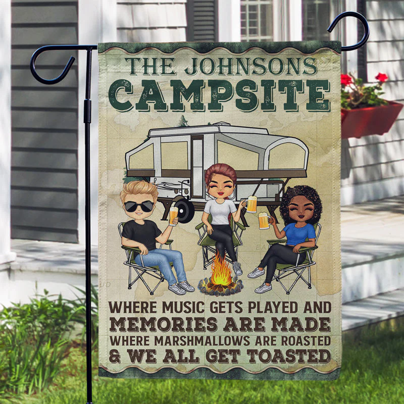 Where Music Gets Played Camping Family Bestie Chibi - Personalized Custom Flag - Image 3