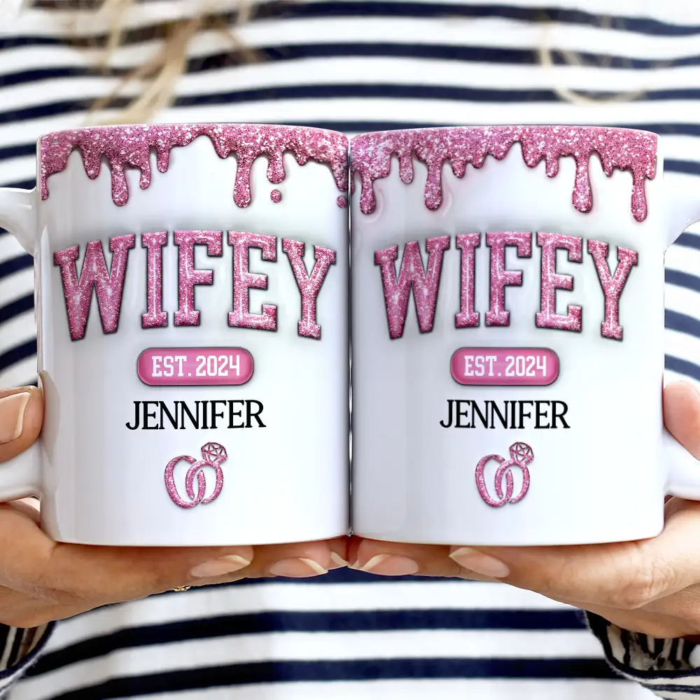 Wifey Hubby Est Couple - 3D Inflated Effect Printed Mug, Personalized White Edge-to-Edge Mug - Image 2