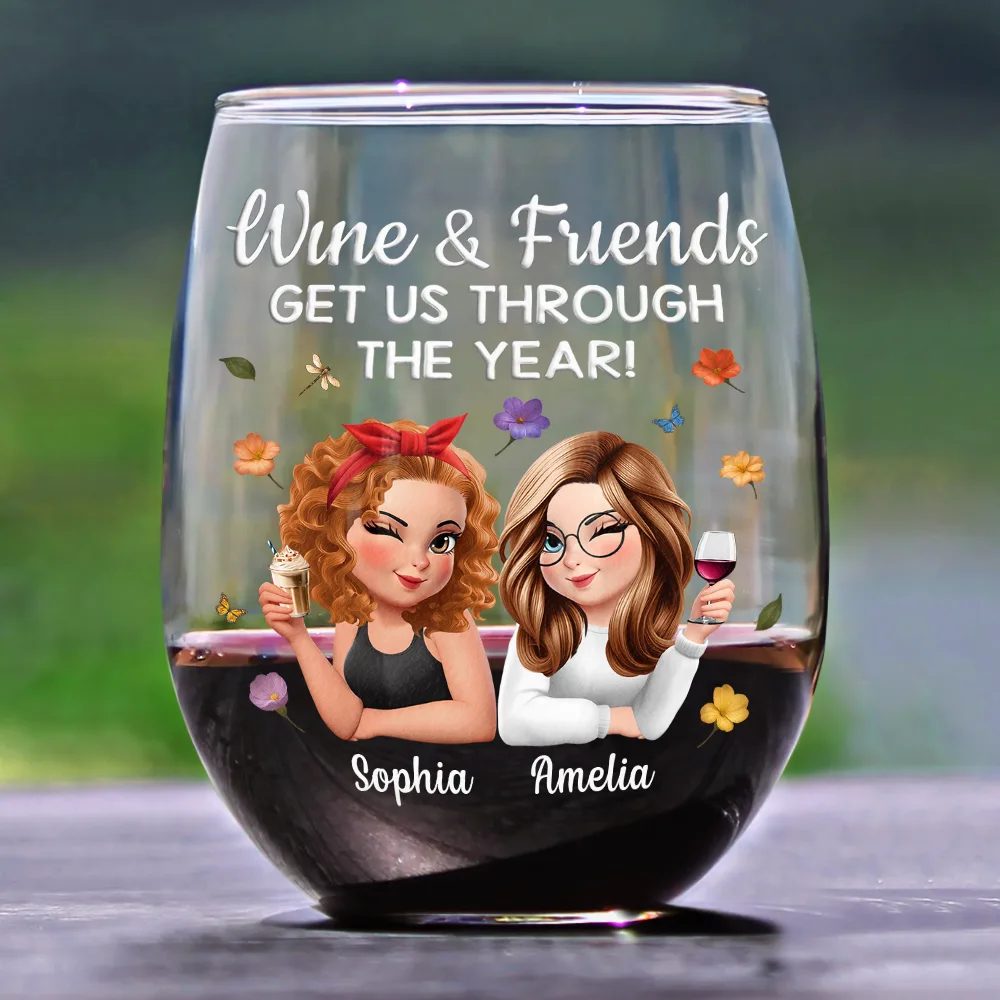 Wine And Friends Get Us Through The Year - Personalized Stemless Wine Glass - Image 2