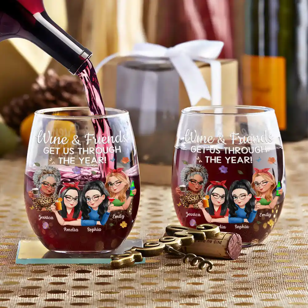 Wine And Friends Get Us Through The Year - Personalized Stemless Wine Glass - Image 3