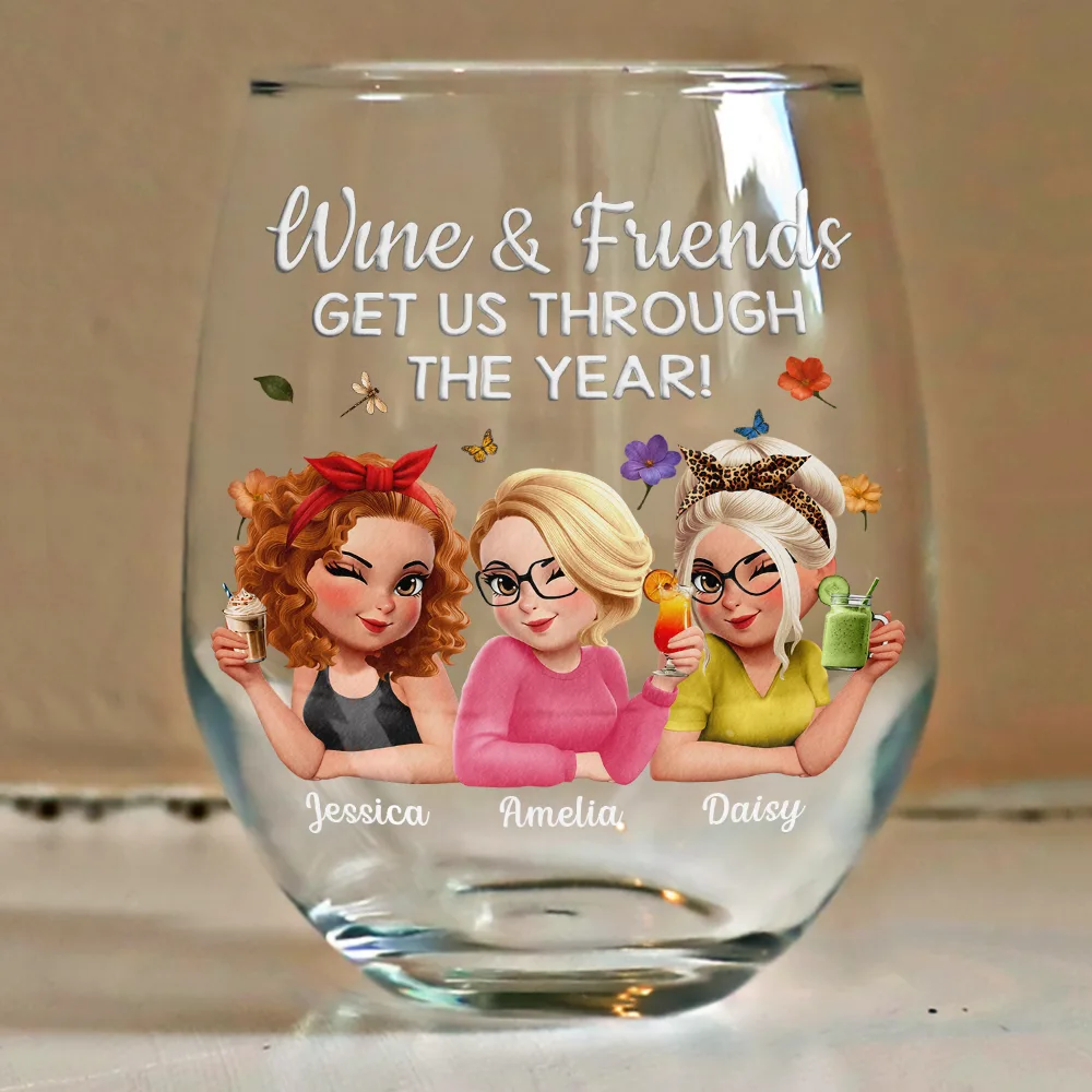 Wine And Friends Get Us Through The Year - Personalized Stemless Wine Glass - Image 4