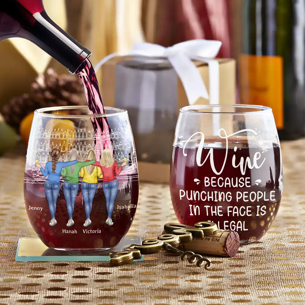 Wine Because Punching People Is Illegal - Personalized Stemless Wine Glass - Image 3