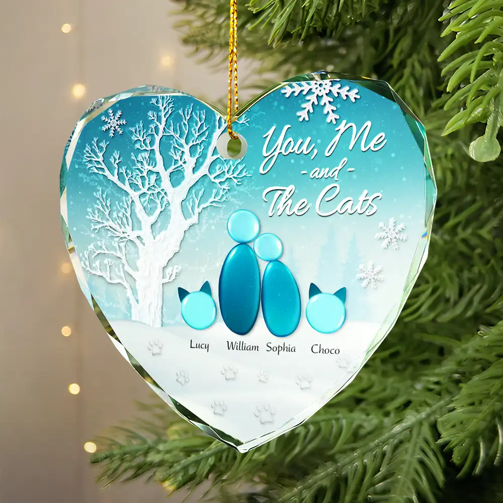 Winter You Me And The Dog Cat - Personalized Heart Shaped Glass Ornament - Image 2