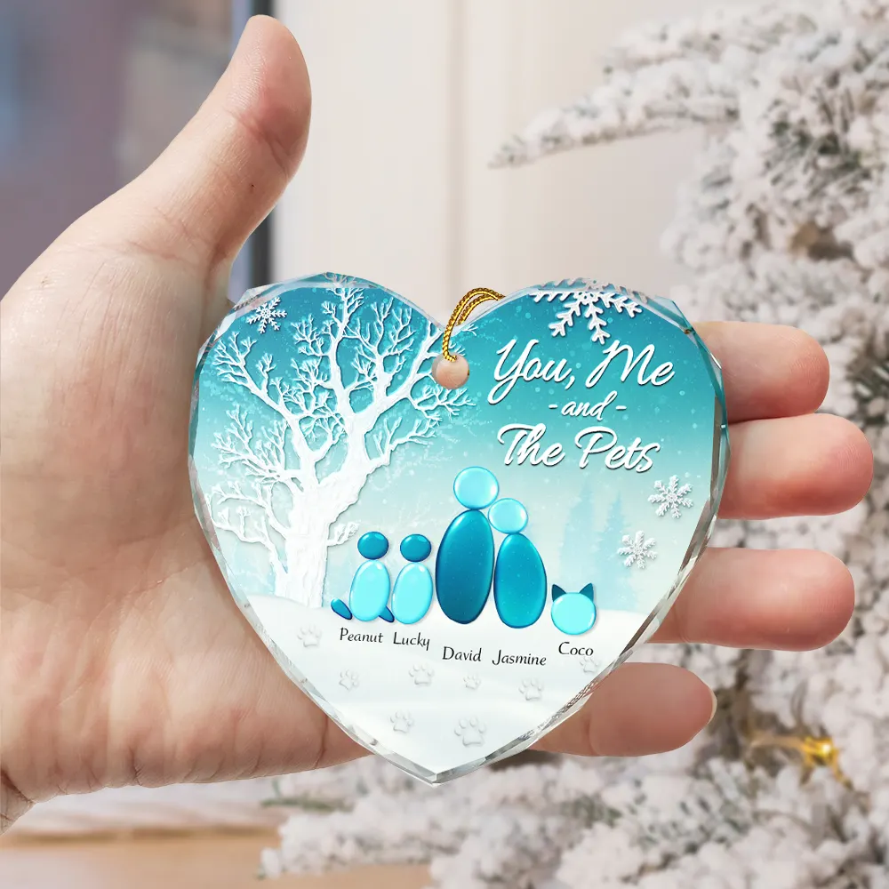 Winter You Me And The Dog Cat - Personalized Heart Shaped Glass Ornament - Image 3