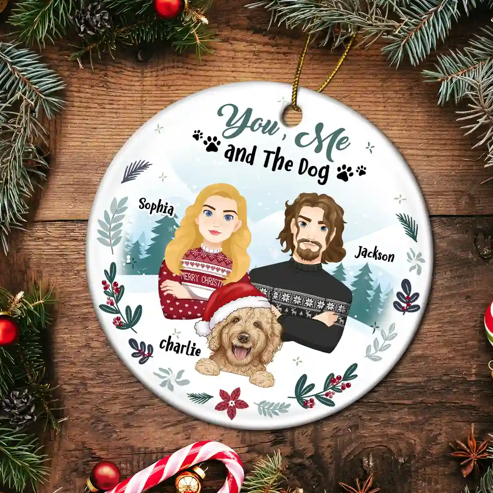 Winter You, Me And The Dog - Personalized Circle Ceramic Ornament - Image 5