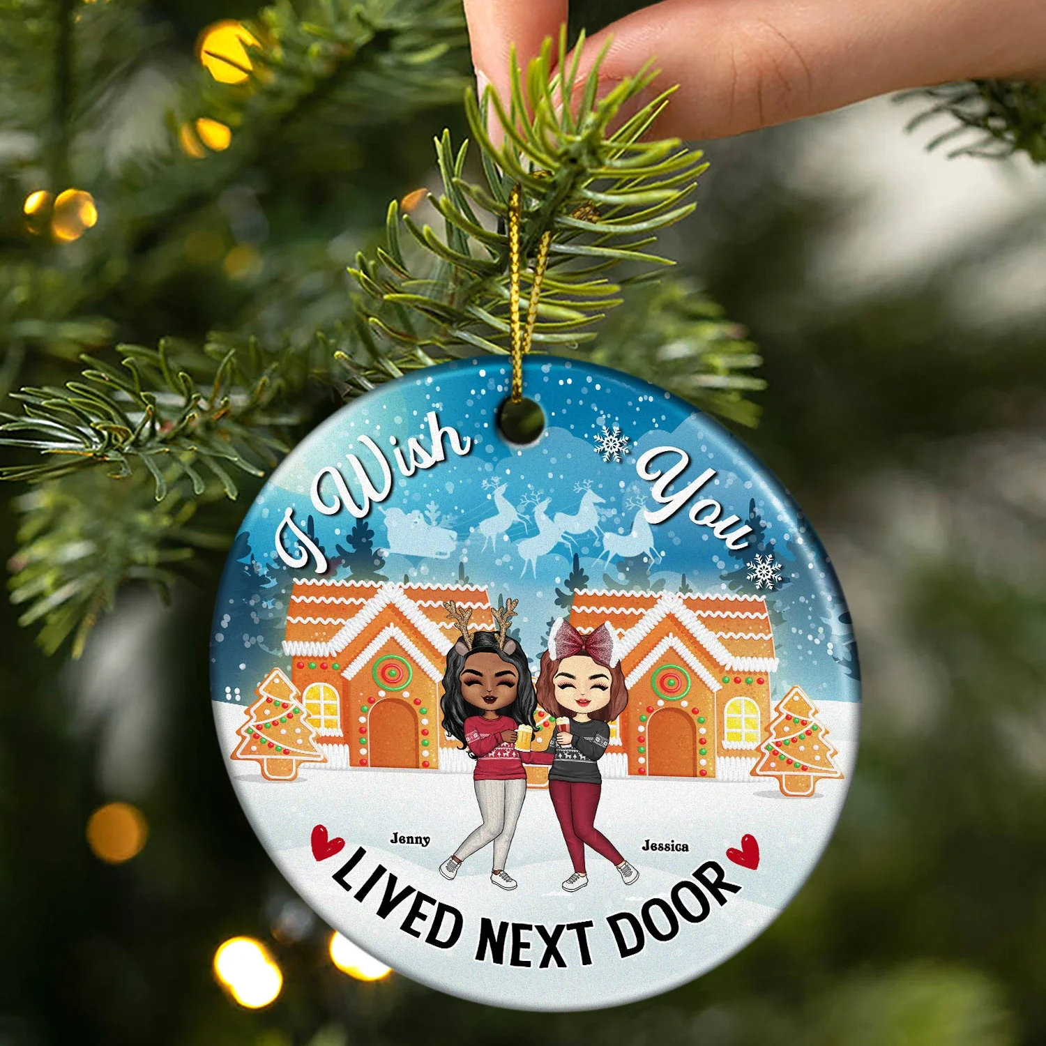 Wish You Lived Next Door - Christmas Besties Gift - Personalized Custom Circle Ceramic Ornament - Image 2
