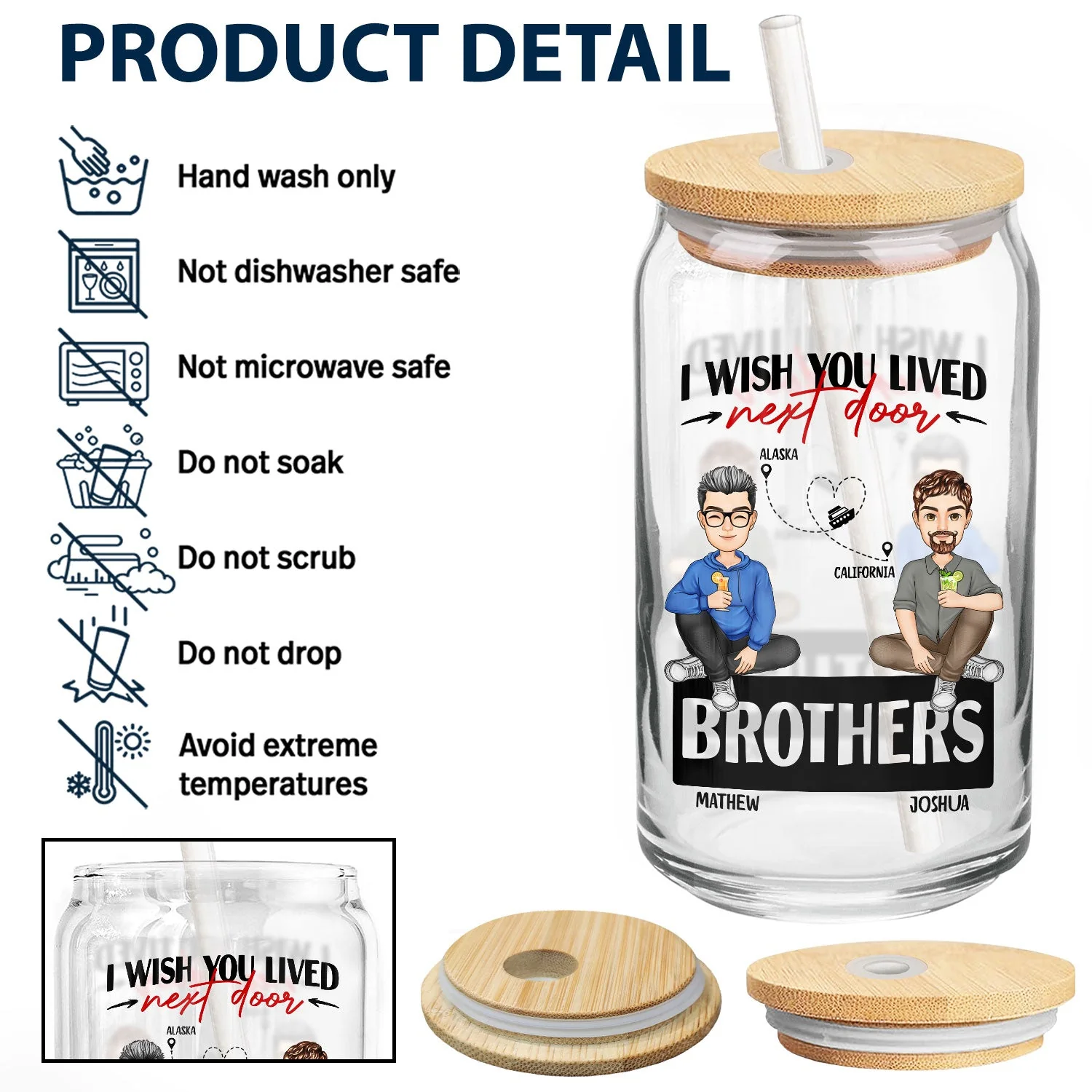 Wish You Lived Next Door - Gift For Siblings And Besties - Personalized Clear Glass Can - Image 4