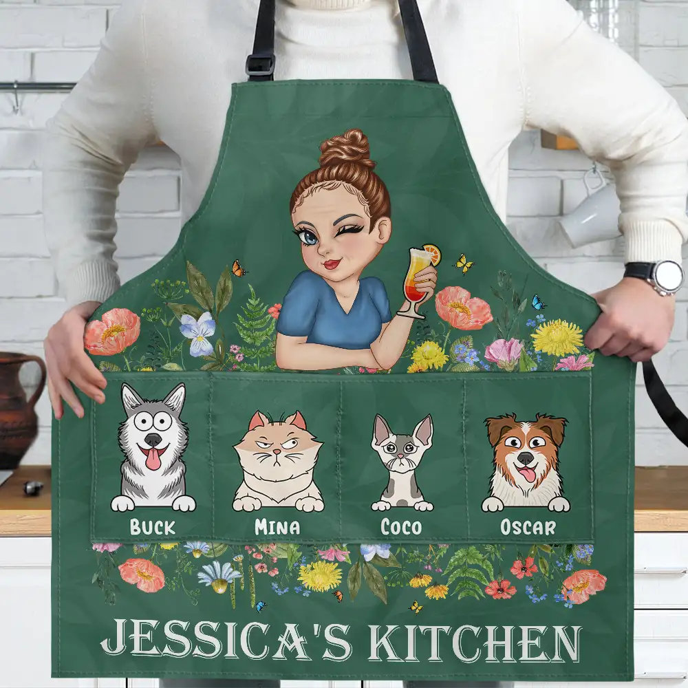 Woman Kitchen With Pets - Personalized Apron - Image 2