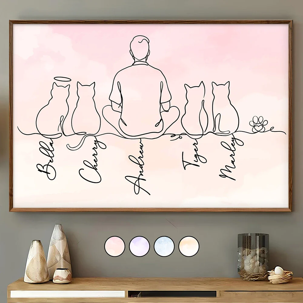 Woman Man Sitting With Cats Line Art - Personalized Poster - Image 2
