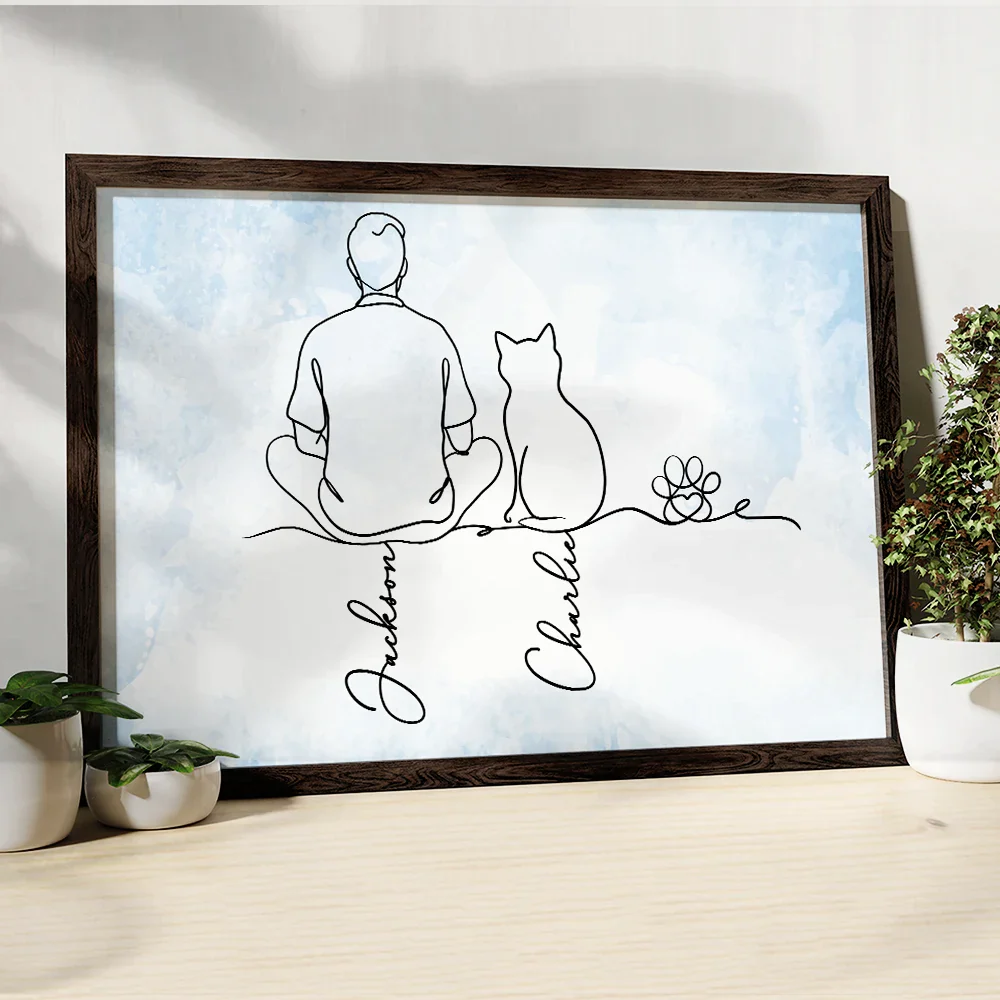 Woman Man Sitting With Cats Line Art - Personalized Poster - Image 5