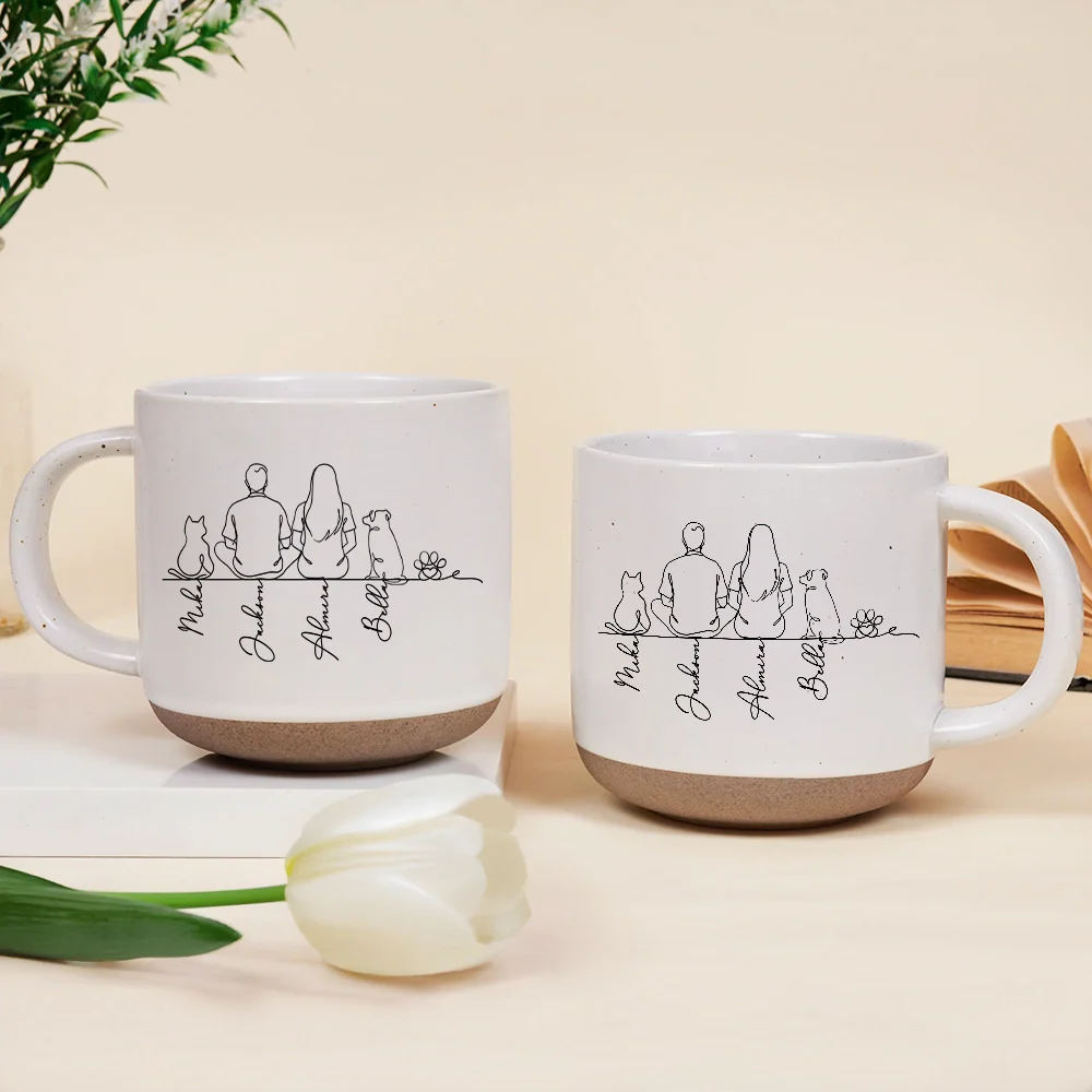Woman Man Sitting With Dogs Cats Line Art - Personalized Pottery Mug - Image 2