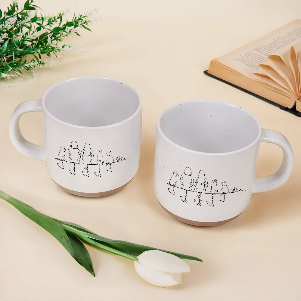 Woman Man Sitting With Dogs Cats Line Art - Personalized Pottery Mug - Image 3