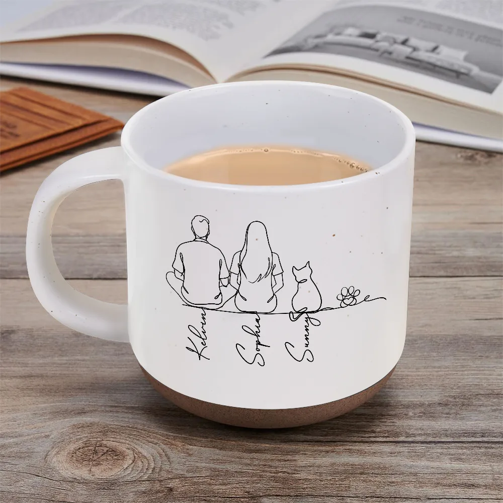 Woman Man Sitting With Dogs Cats Line Art - Personalized Pottery Mug - Image 5
