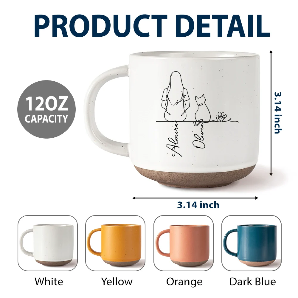 Woman Man Sitting With Dogs Cats Line Art - Personalized Pottery Mug - Image 6