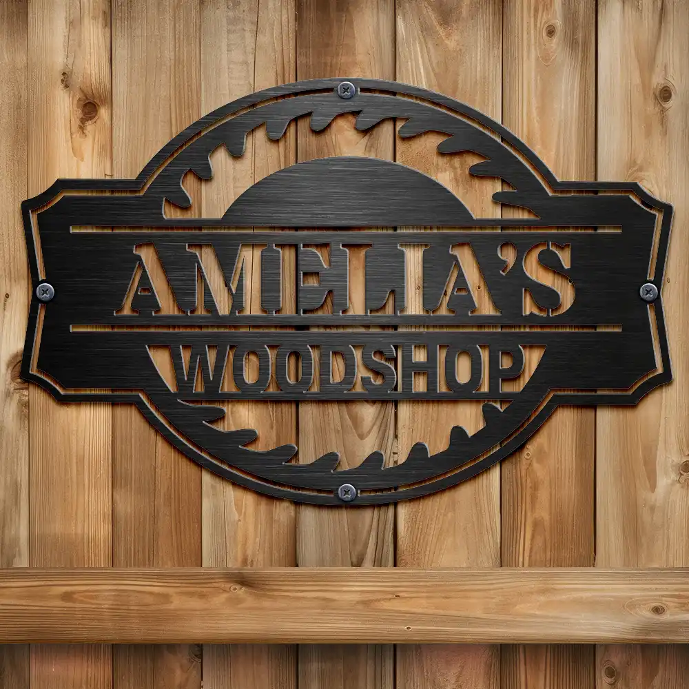 Woodshop Sign Workshop Cabin Garage - Personalized Cutout Metal Sign - Image 2