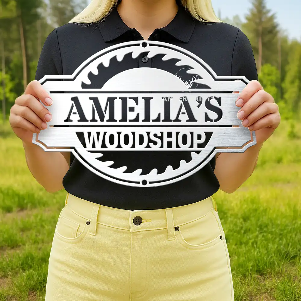 Woodshop Sign Workshop Cabin Garage - Personalized Cutout Metal Sign - Image 4