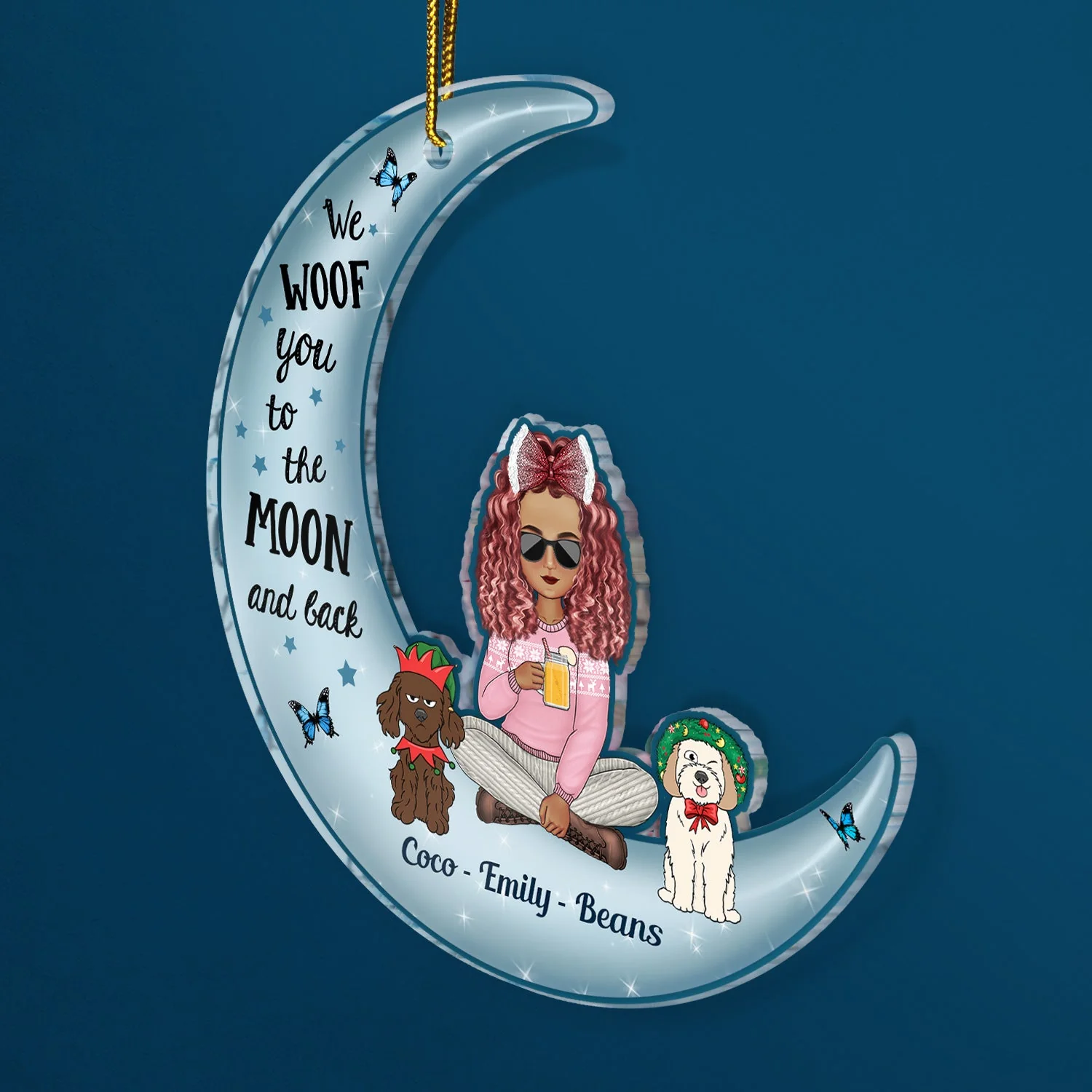 Woof You To The Moon & Back Cartoon Style - Christmas Gift For Dog Lovers, Dog Mom, Dog Dad - Personalized Cutout Acrylic Ornament - Image 2