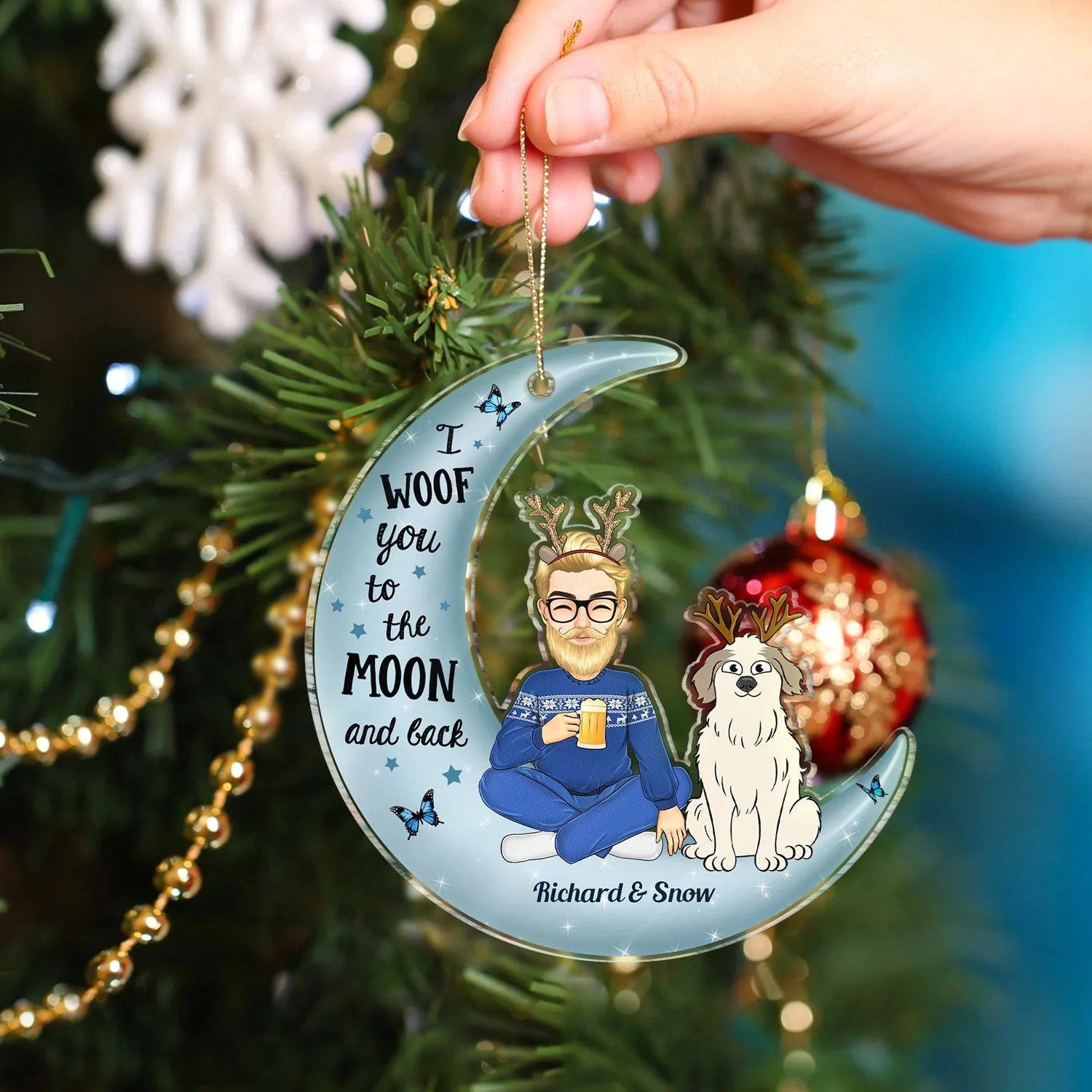 Woof You To The Moon & Back Cartoon Style - Christmas Gift For Dog Lovers, Dog Mom, Dog Dad - Personalized Cutout Acrylic Ornament - Image 4